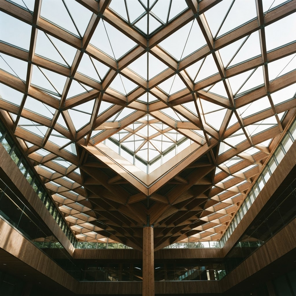 Daylight through a modern timber-and-glass ceiling — precise structure with natural warmth